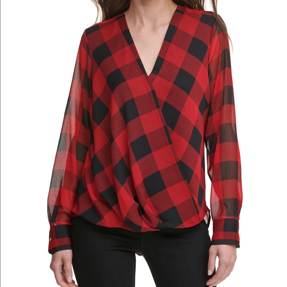 DKNY Printed Wrap Top Black Rudolf Red Multi